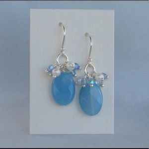 Handmade blue agate and pearl dangle earrings